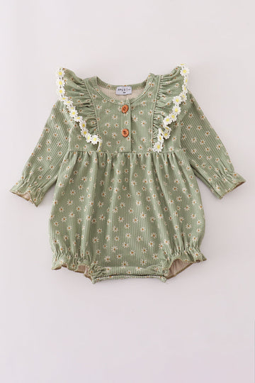 Green corduroy floral lace ruffle bubble