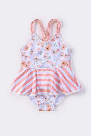 Bright floral print one-piece swimsuit for girls, perfect for summer fun.