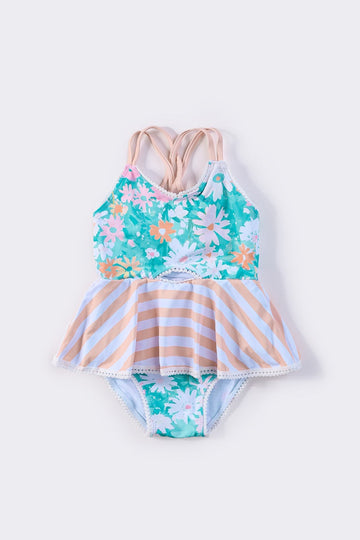 Daisy meadow print one-piece swimsuit for girls, featuring vibrant floral design.