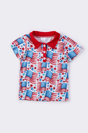 Patriotic flag print boy shirt with vibrant red, white, and blue design.