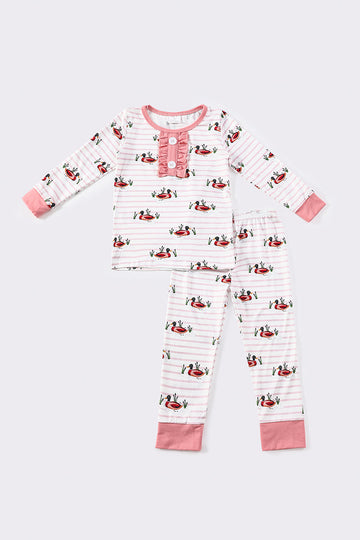 Pink duck print bamboo girl pajamas set