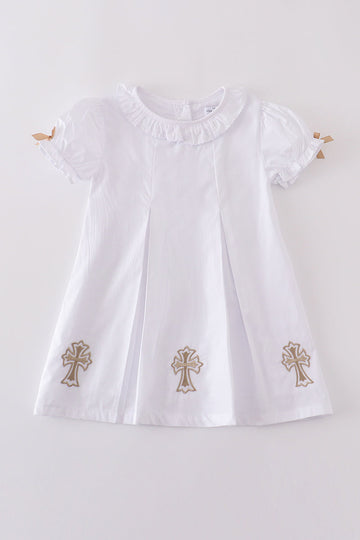 Premium cross embroidery dress in soft pastel hues, perfect for special occasions.