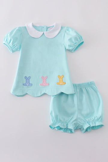 Mint green children's outfit with cute bunny embroidery, perfect for springtime adventures.