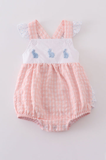 Adorable pink gingham bubble romper with bunny embroidery, perfect for springtime play.