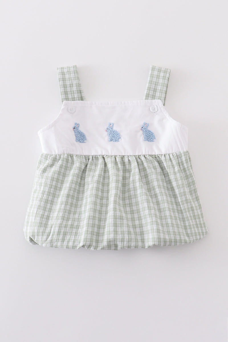 Premium white bubble romper with adorable bunny embroidery, perfect for springtime fun.