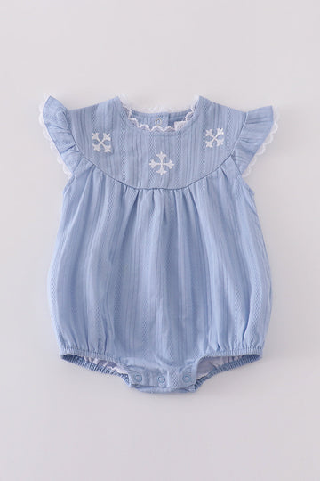 Premium blue bubble romper with charming cross embroidery, perfect for special occasions.