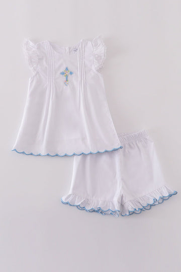 Cozy children's sweater with colorful cross embroidery, perfect for playful outings.