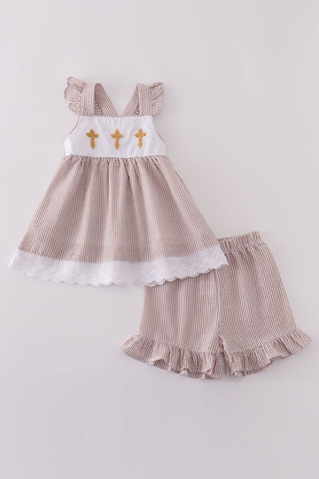 Premium brown cross embroidery set featuring cozy sweatshirt and matching pants for kids.