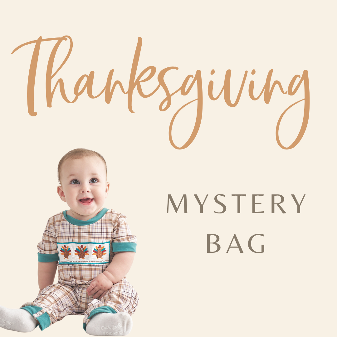 Thanksgiving-themed children's clothing assortment with festive patterns and playful designs.