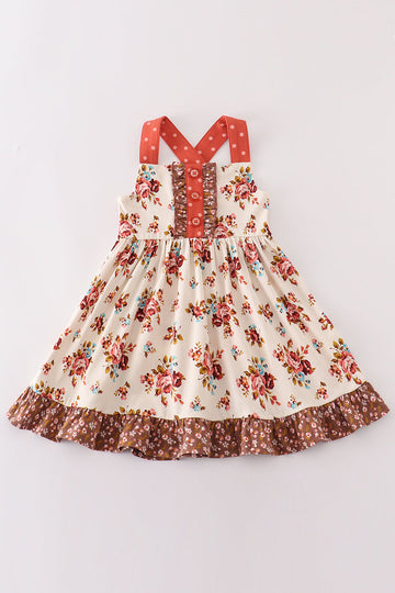 Platinum rust floral print apron ruffle dress