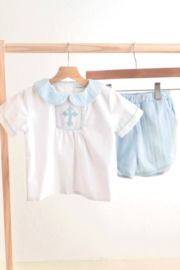 Blue Easter cross hand-smocked boy set with charming, detailed embroidery.