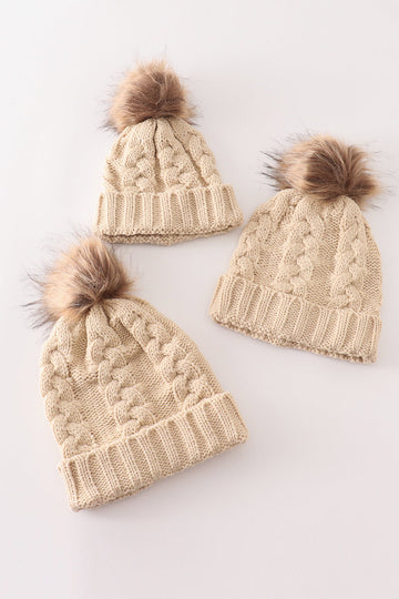 Beige pompom cable beanie