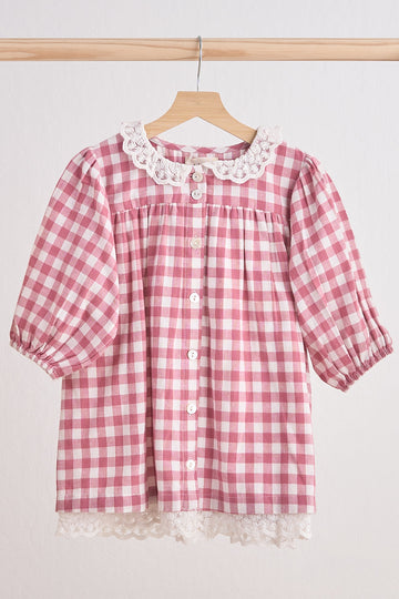 Pink gingham flannel lace dress