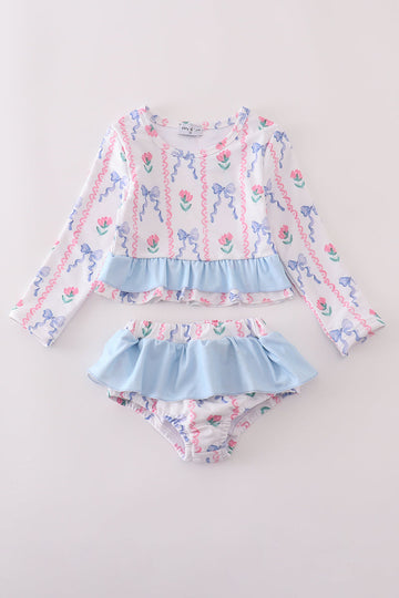 Blue floral bow rashguard 2pc swimsuit UPF50+
