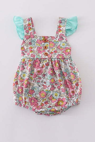 Pink floral print bubble romper with ruffled sleeves, perfect for spring outings.