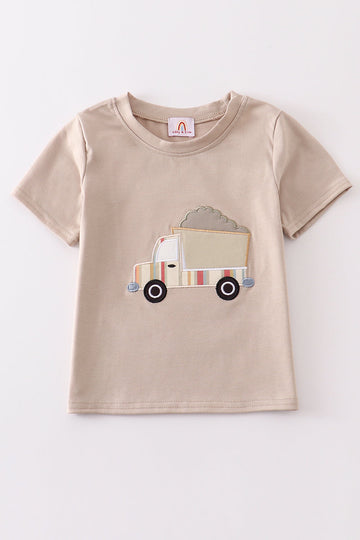 Khaki long-sleeve top with colorful truck applique, perfect for playful adventures.