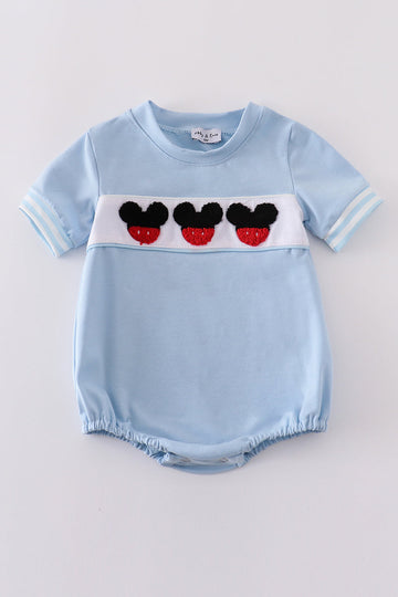 Blue bubble romper with adorable character french knot embroidery, perfect for playtime.