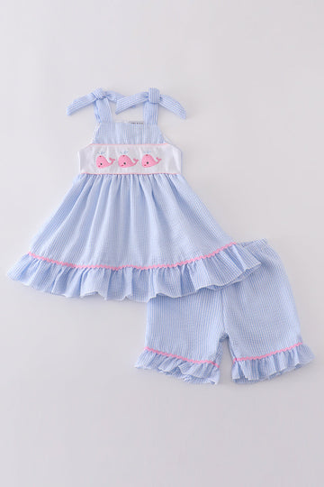 Blue seersucker set with adorable whale embroidery, perfect for summer adventures.