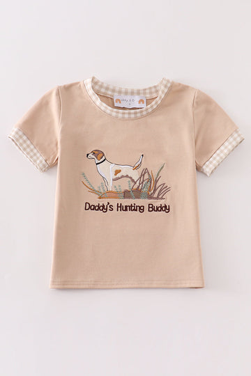 A cozy, long-sleeve boy's top with "Daddy's Hunting Buddy" embroidered in green.
