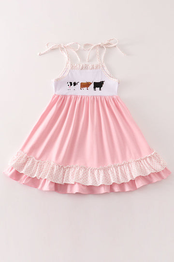 Pink cow embroidery dress