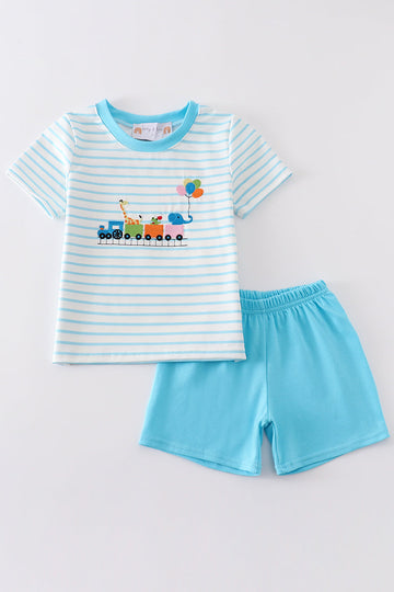 Blue farm embroidery boy set