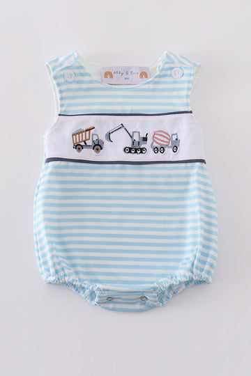 Blue striped boy's bubble with adorable tractor embroidery, perfect for playful adventures.