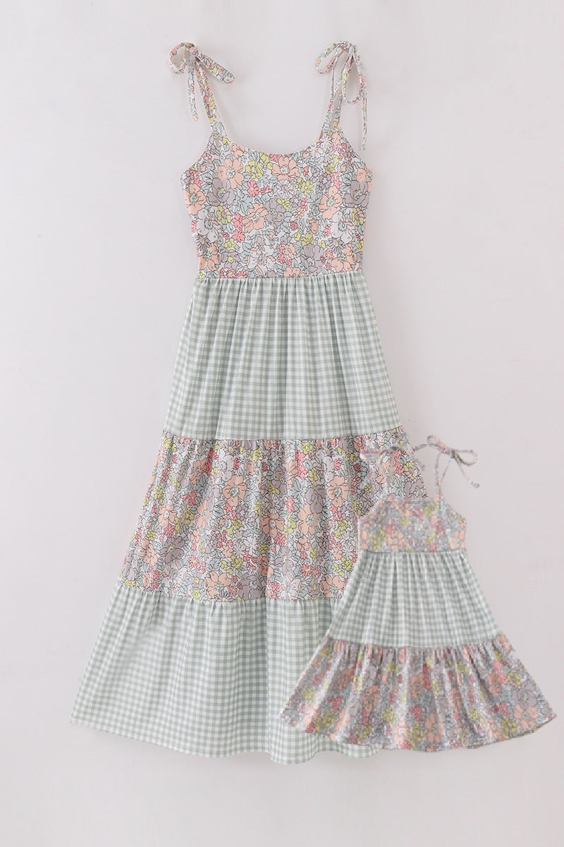 Sage pastel floral gingham dress with matching mom-and-me style, perfect for spring.
