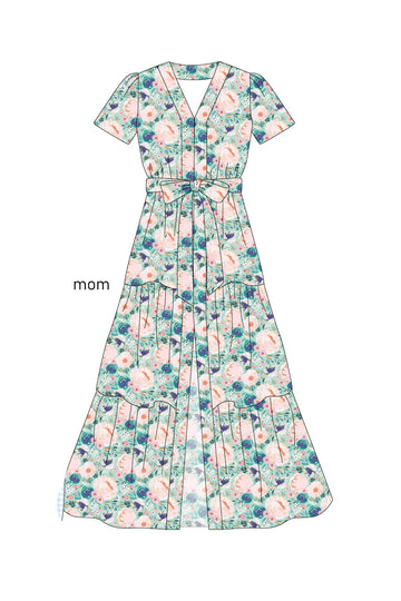 A flowing green dress with a serene garden print, perfect for moms.