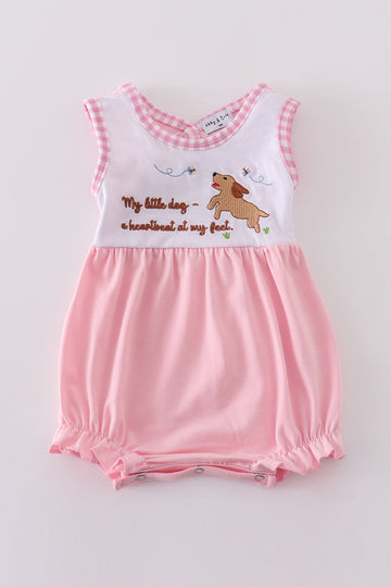 Adorable pink bubble romper with cute puppy embroidery, perfect for little girls.