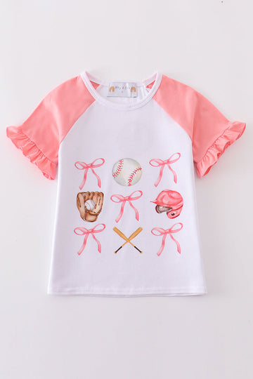 Pink baseball bow tie girl top with playful pattern from Sandilake Clothing.