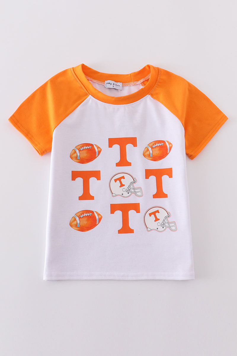Tennessee football-themed boy's top with vibrant orange and white print.