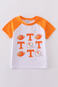 Tennessee football-themed boy's top with vibrant orange and white print.