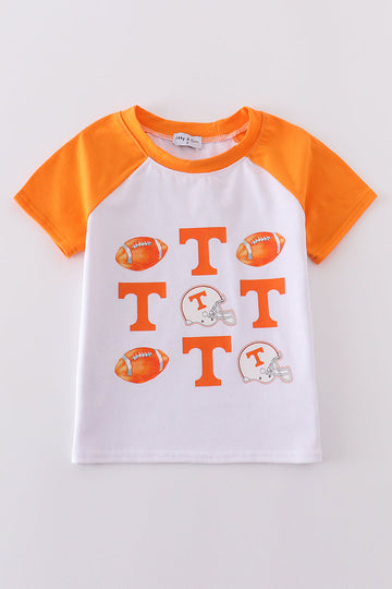 Tennessee football-themed boy's top with vibrant orange and white print.
