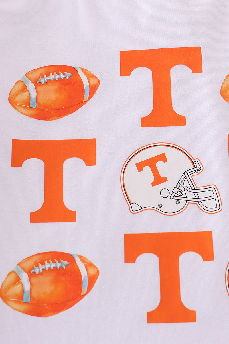 Tennessee football-themed boy's top with vibrant orange and white print.