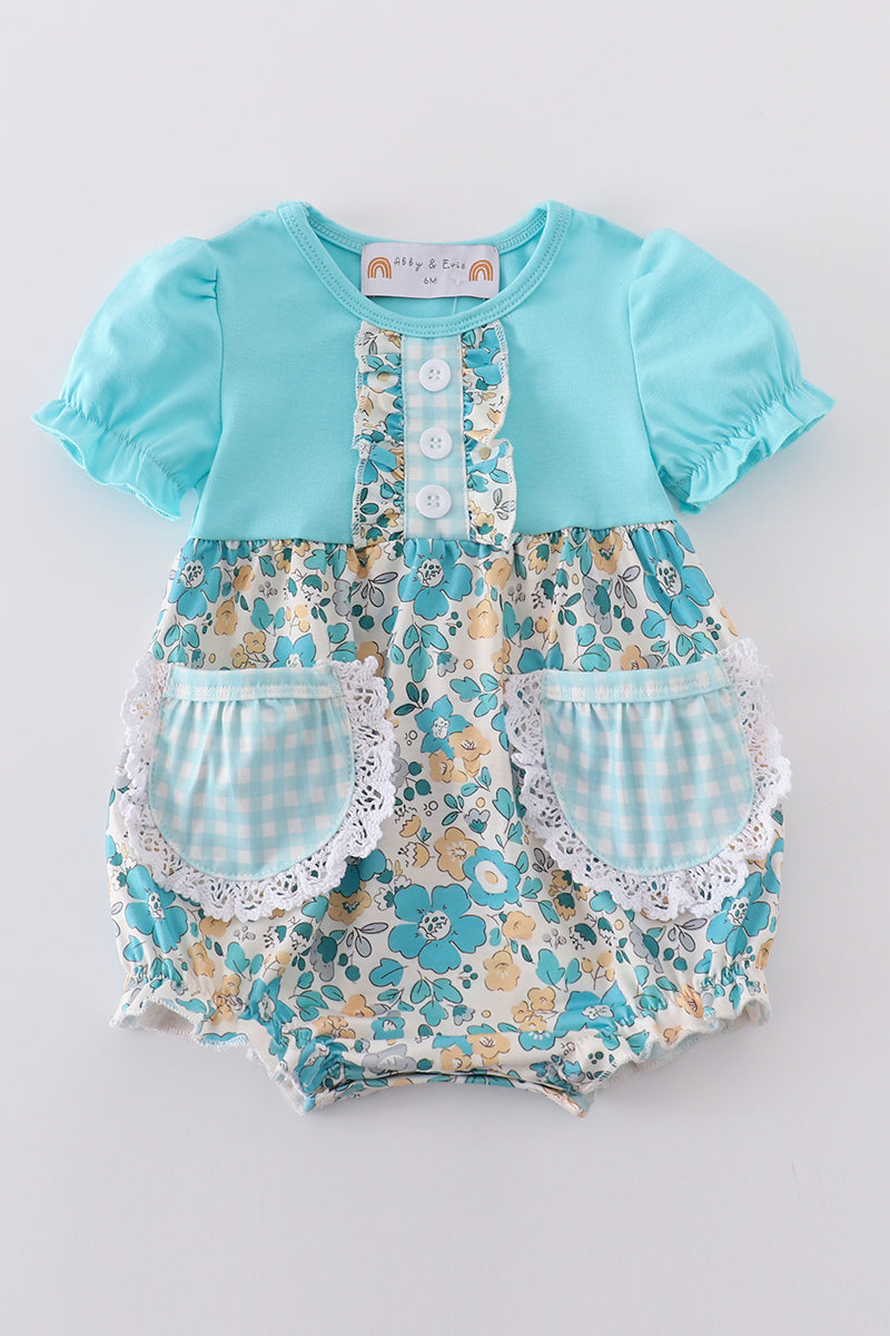 Blue aqua meadow girl bubble romper with floral pattern, perfect for summer play.