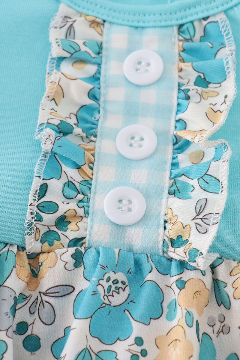 Blue aqua meadow girl bubble romper with floral pattern, perfect for summer play.