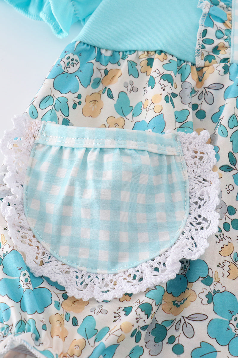 Blue aqua meadow girl bubble romper with floral pattern, perfect for summer play.