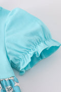 Blue aqua meadow girl bubble romper with floral pattern, perfect for summer play.