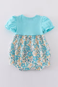 Blue aqua meadow girl bubble romper with floral pattern, perfect for summer play.