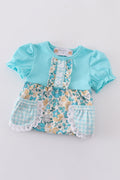 Blue aqua meadow girl bubble romper with floral pattern, perfect for summer play.