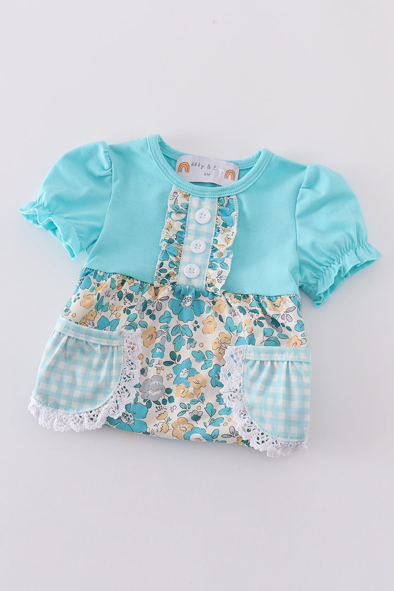 Blue aqua meadow girl bubble romper with floral pattern, perfect for summer play.