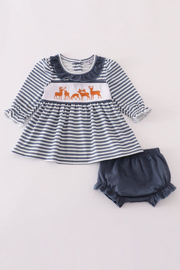 Navy stripe deer embroidery bloomer set