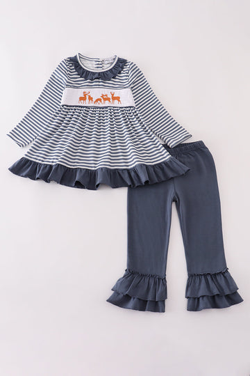 Navy deer embroidery ruffle pants set