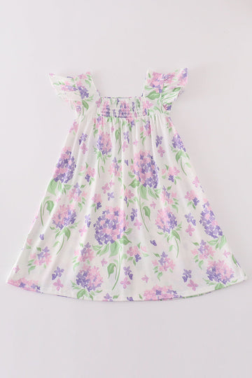 Purple hydragena print smocked girl dress