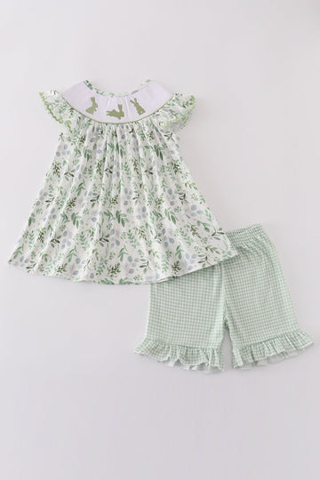 Sage green smocked set with bunny embroidery, perfect for springtime adventures.