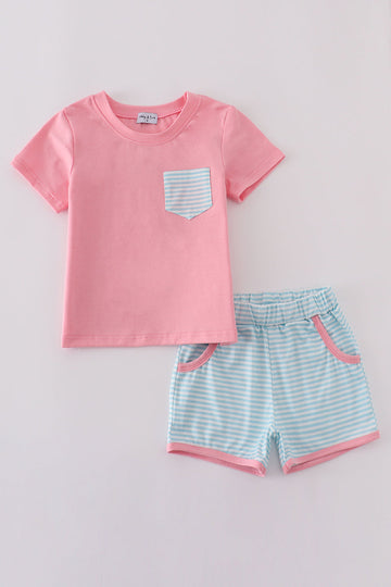 Cozy pink stripe print set for kids, perfect for playtime adventures.