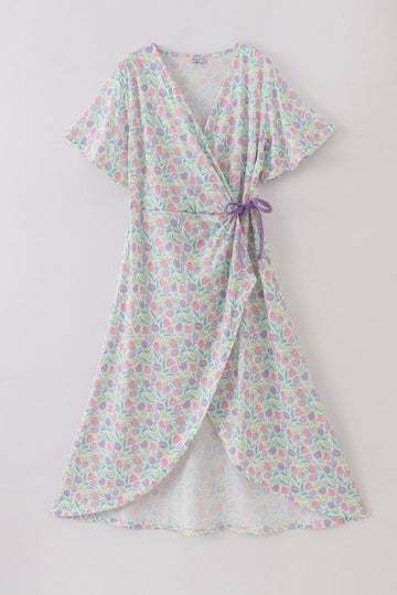 Purple floral print women’s dress with a playful, vibrant pattern, perfect for spring.