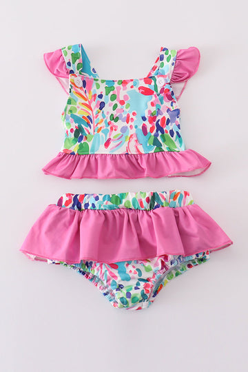 Bright and colorful 2-piece swimsuit with rainbow garden print, perfect for summer fun.