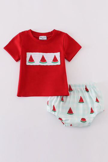 Red smocked bloomer set with cute watermelon embroidery, perfect for summer play.