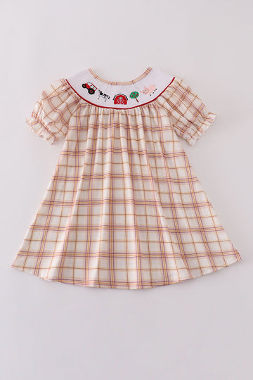 Khaki plaid dress with farm animal embroidery, perfect for playful adventures.